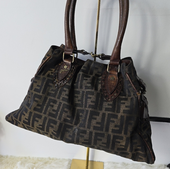 FENDI Zucca Etnico Handbag Tote Bag Nylon Canvas Leather Khaki Dark Brown - Picture 2 of 16